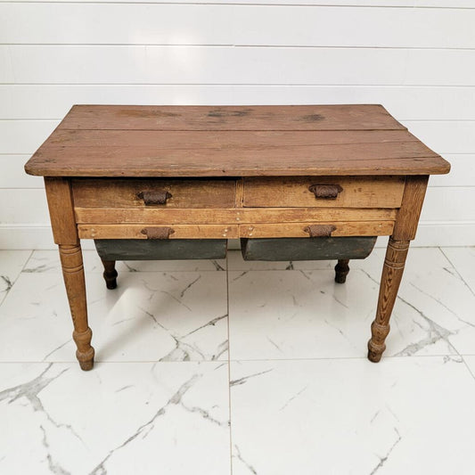 8303 Antique American Primitive Baker's Table with Zinc Flour Bins Used ~ FURNITURE