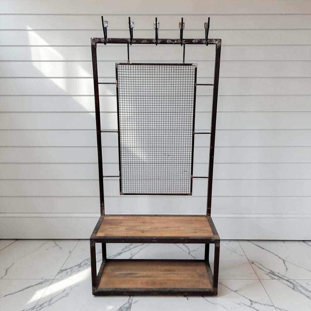 8304 Industrial Modern Welded Hall Tree with Wire Mesh Back and Mangowood Used ~ FURNITURE