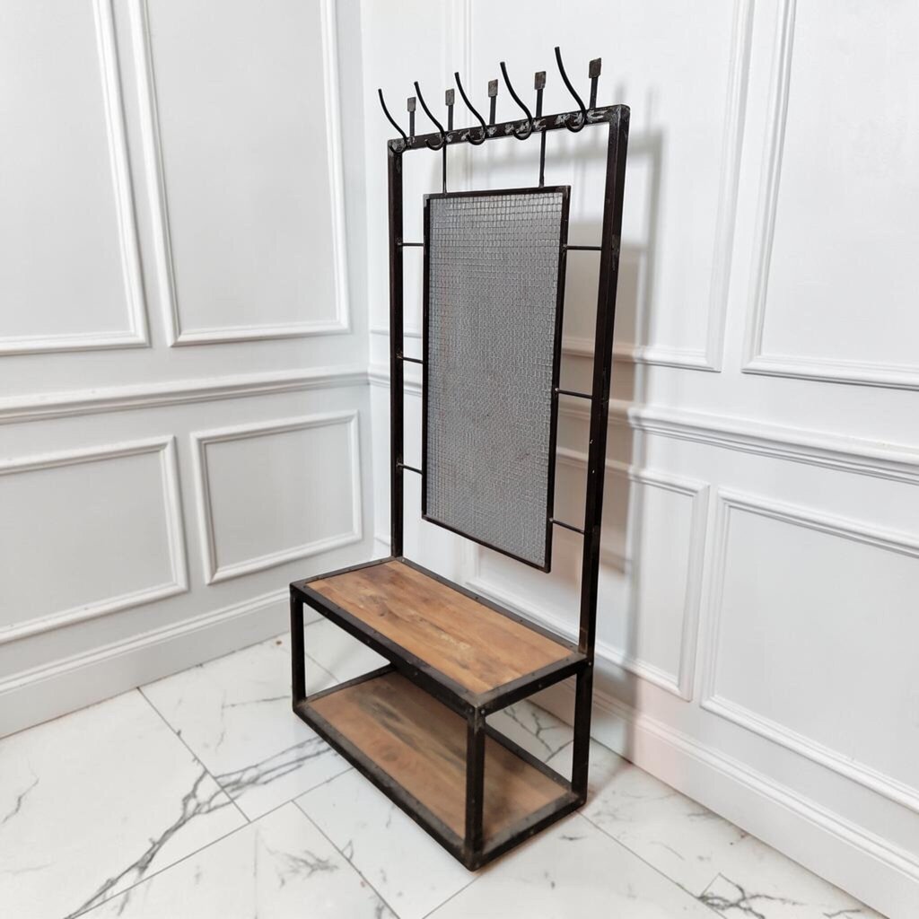 8304 Industrial Modern Welded Hall Tree with Wire Mesh Back and Mangowood ~ FURNITURE