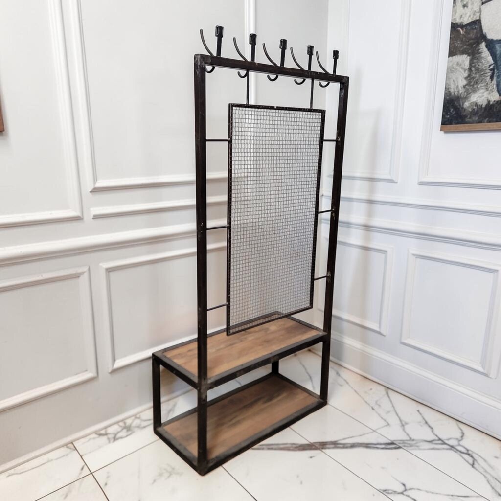 8304 Industrial Modern Welded Hall Tree with Wire Mesh Back and Mangowood ~ FURNITURE