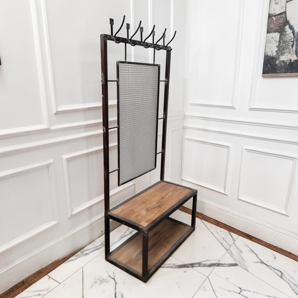 8304 Industrial Modern Welded Hall Tree with Wire Mesh Back and Mangowood ~ FURNITURE