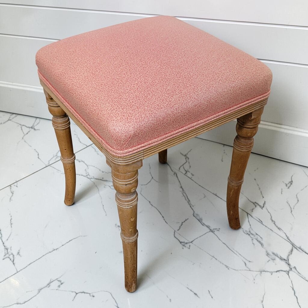 8307 Vintage Pink Upholstered Vanity #Stool with Turned Wood Legs