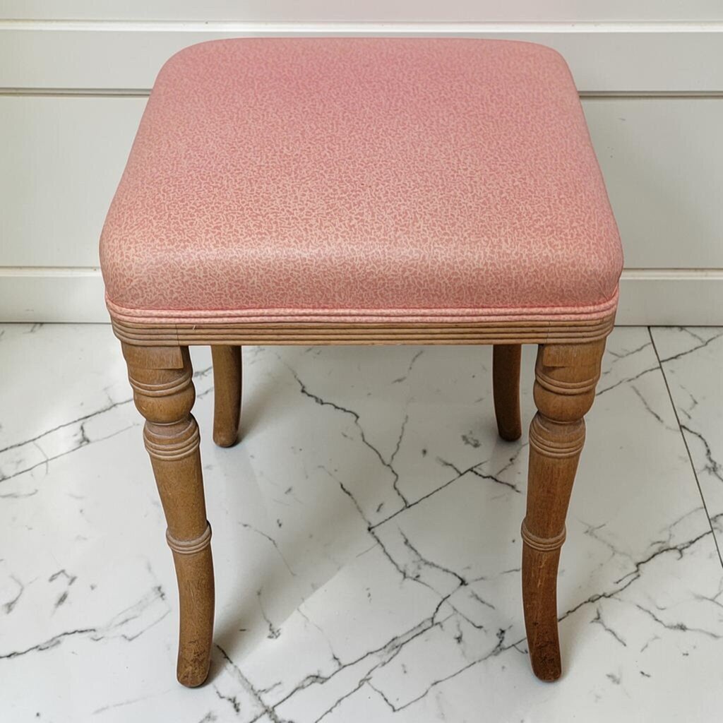 8307 Vintage Pink Upholstered Vanity #Stool with Turned Wood Legs