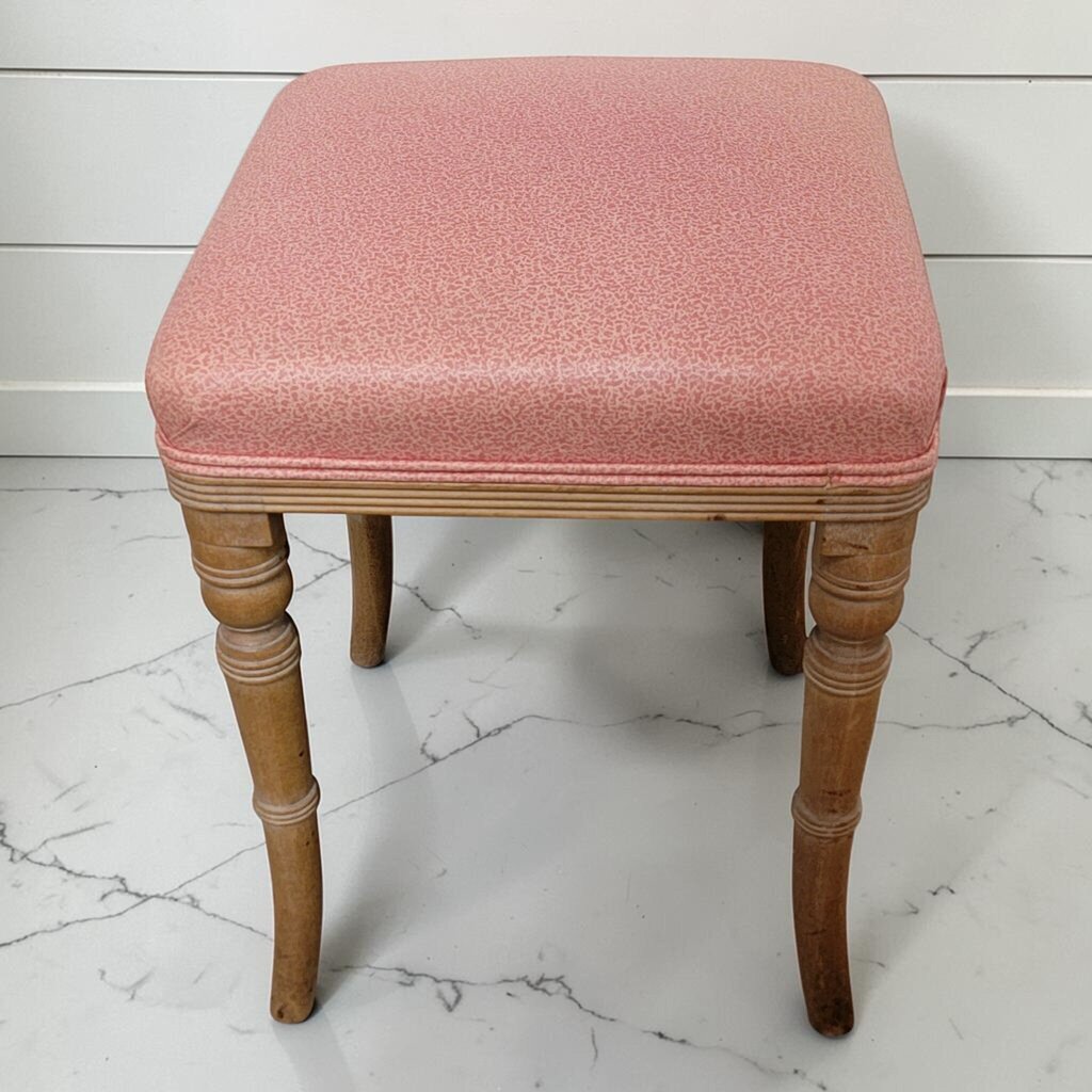 8307 Vintage Pink Upholstered Vanity #Stool with Turned Wood Legs