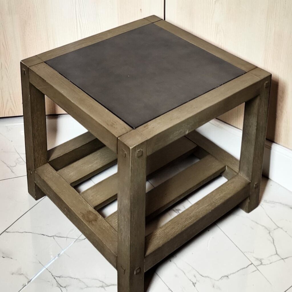 8316 Rustic Industrial End Table with Inset Faux-Stone Top Used ~ FURNITURE