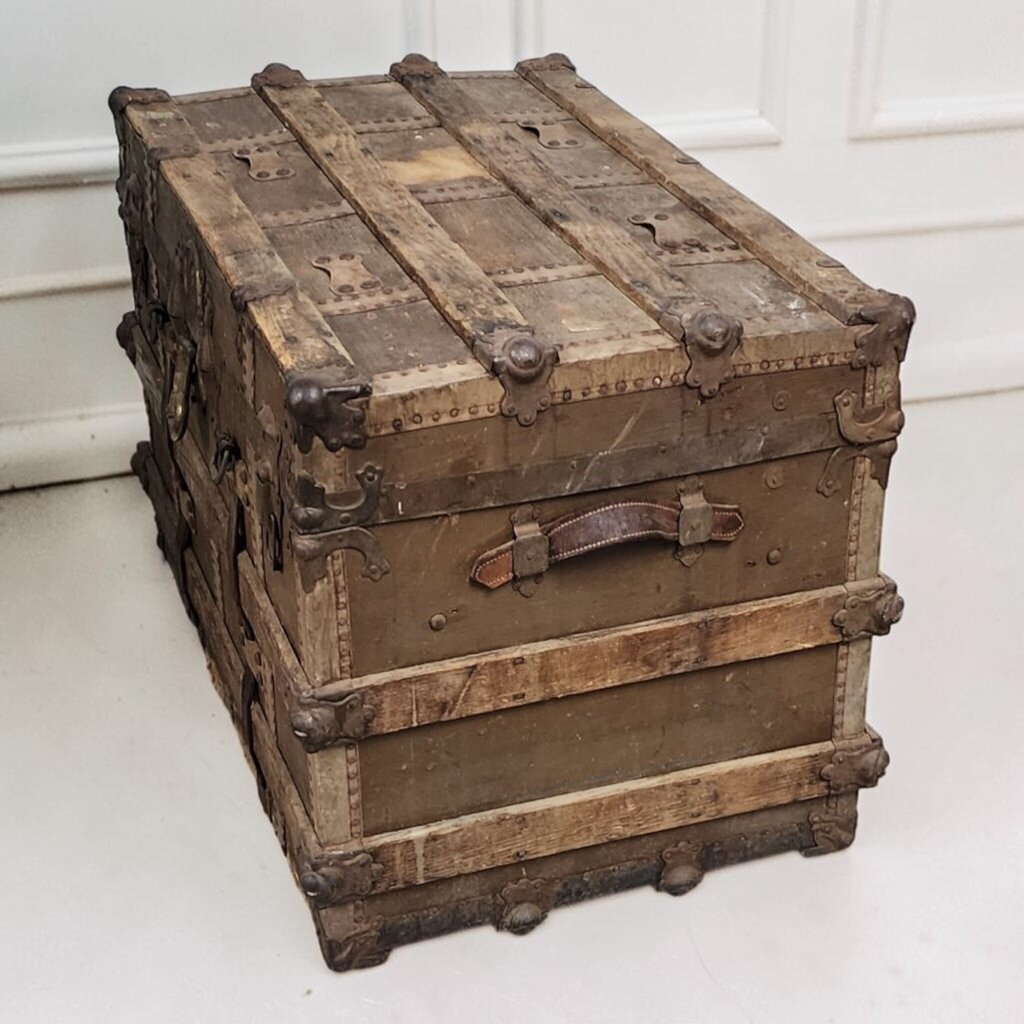 8337 Antique Canvas and Wood Slat Steamer Trunk ~ FURNITURE