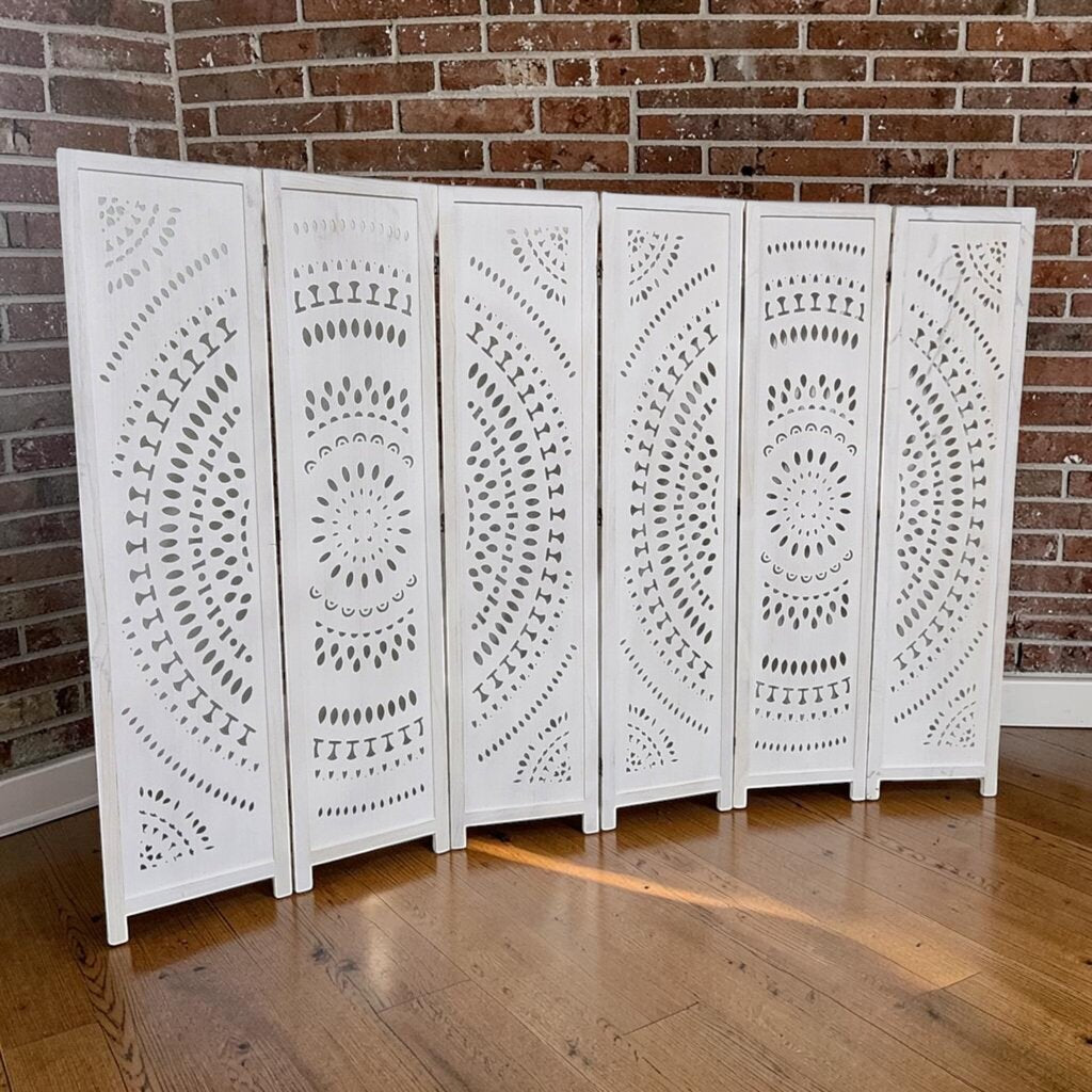 8338 6-Panel White Carved Mandala Wood Room #Divider Used ~ FURNITURE