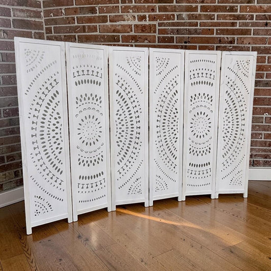 8338 6-Panel White Carved Mandala Wood Room #Divider Used ~ FURNITURE