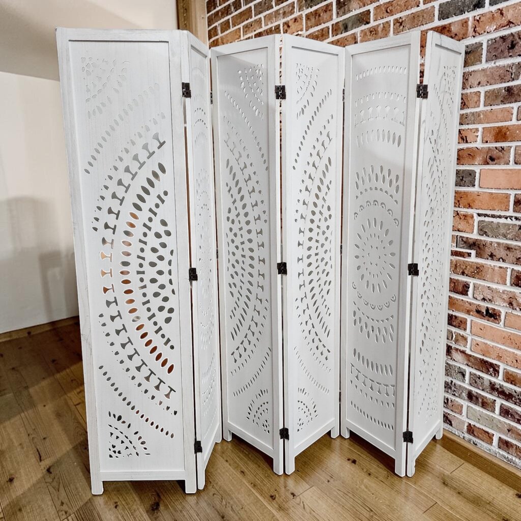 8338 6-Panel White Carved Mandala Wood Room #Divider ~ FURNITURE