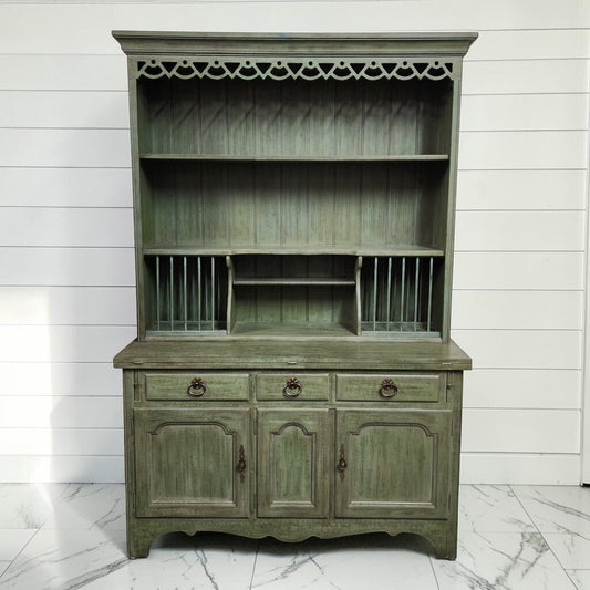 8340 Distressed Sage Green French Country Flip-Top Welsh Hutch Used ~ FURNITURE