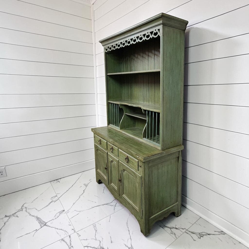 8340 Distressed Sage Green French Country Flip-Top Welsh Hutch ~ FURNITURE