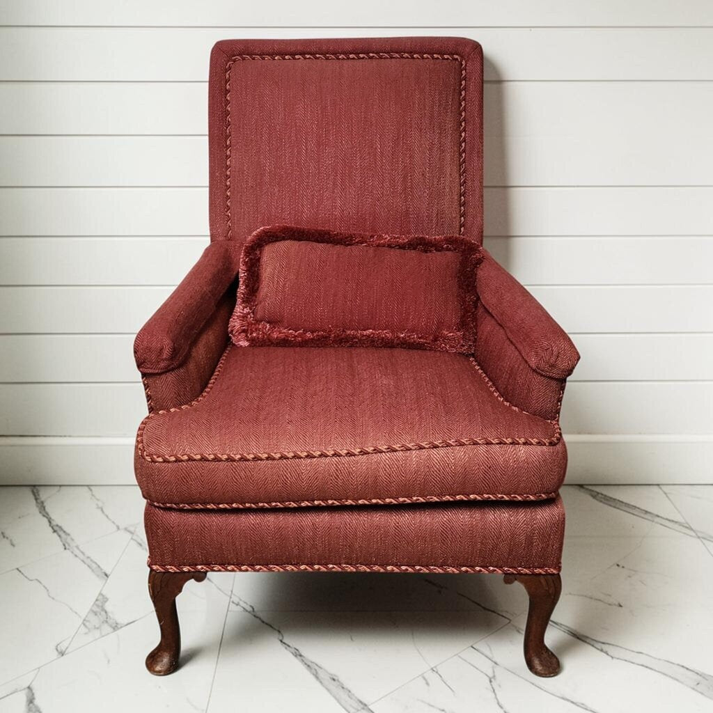 8342 Vintage Queen Anne Style High-Back #Armchair in Burgundy Herringbone Used ~ FURNITURE