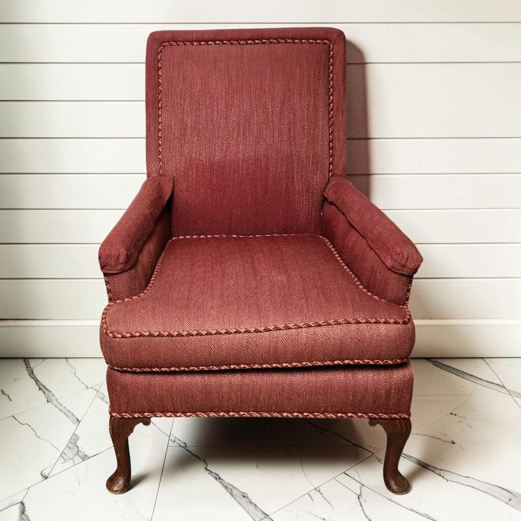 8342 Vintage Queen Anne Style High-Back #Armchair in Burgundy Herringbone ~ FURNITURE