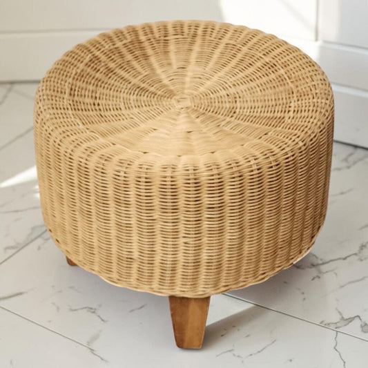 8388 Hand-Woven Rattan Drum Ottoman with Tapered Wooden Legs