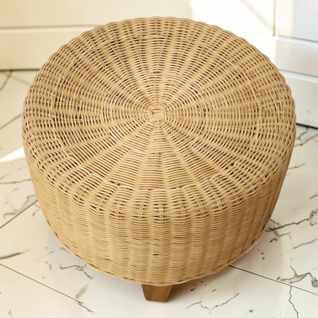 8388 Hand-Woven Rattan Drum Ottoman with Tapered Wooden Legs