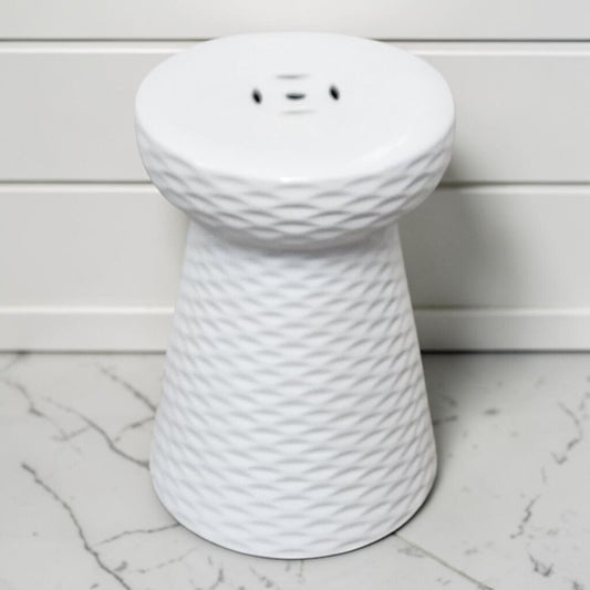 8389 Contemporary Diamond-Textured White Ceramic Pedestal Garden Stool Used ~ FURNITURE