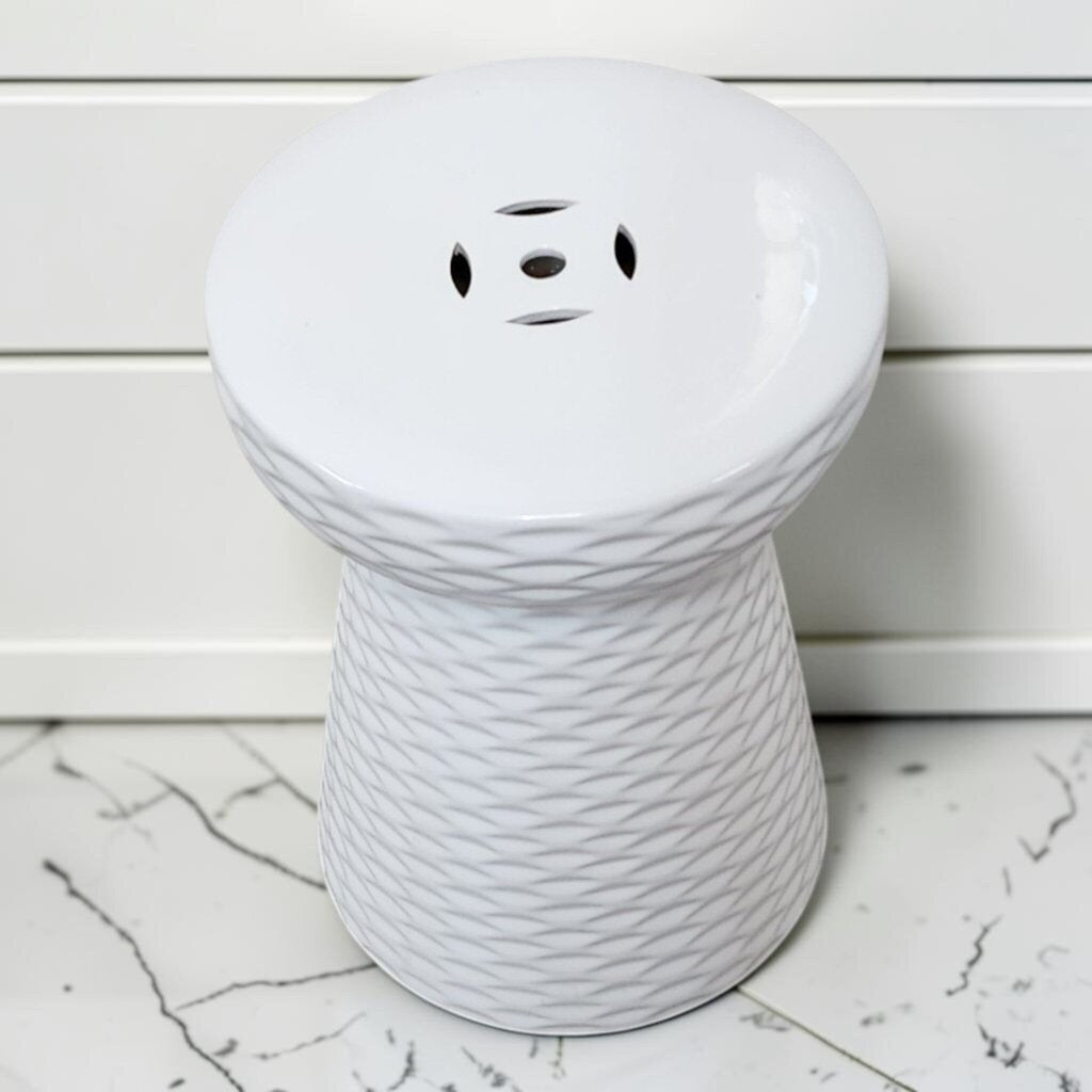 8389 Contemporary Diamond-Textured White Ceramic Pedestal Garden Stool