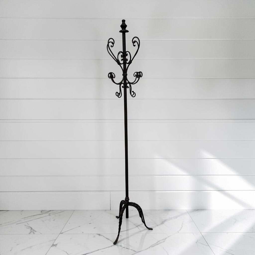 8397 Vintage Scrolled Wrought Iron Standing Coat Rack