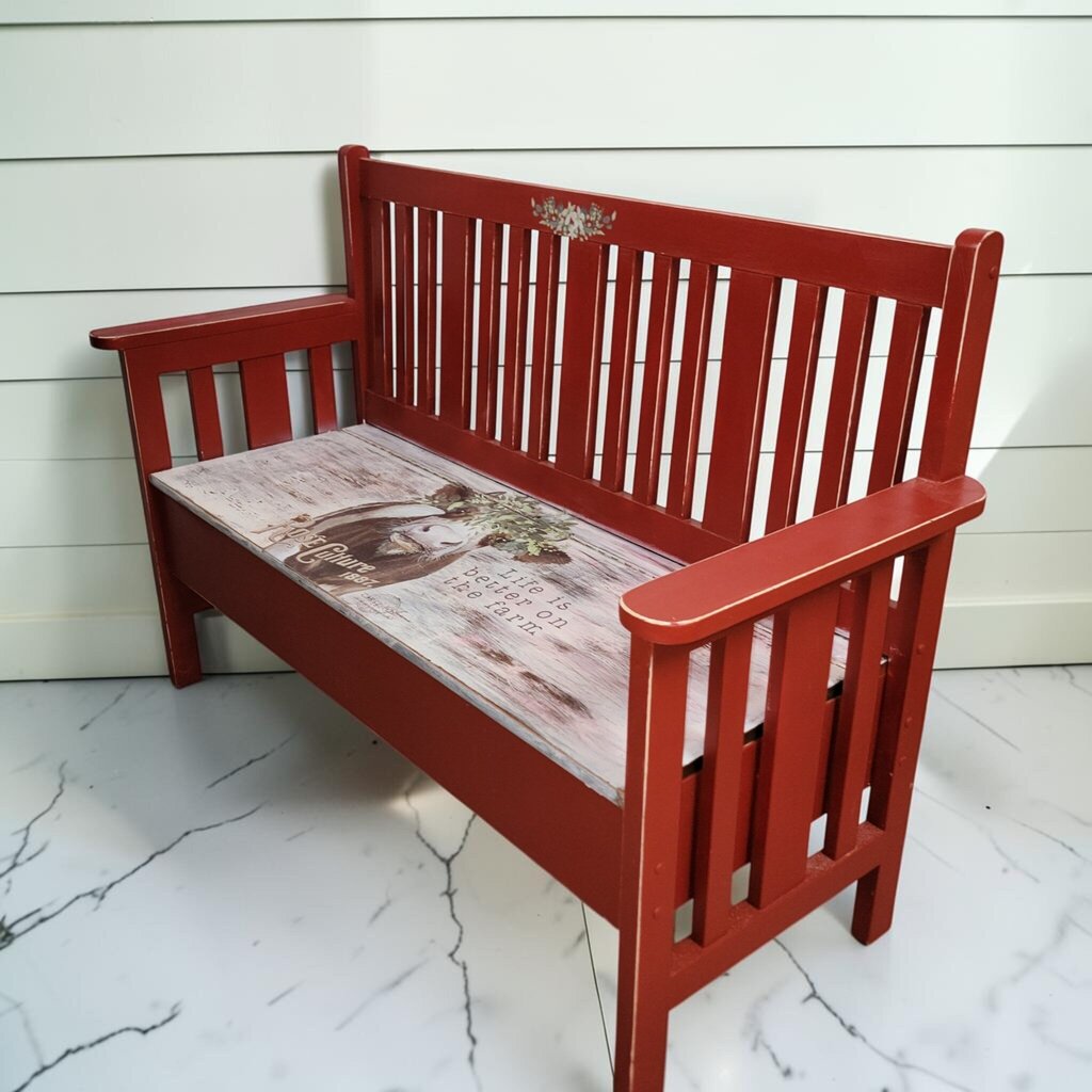 8427 Red Farmhouse Cow #Bench