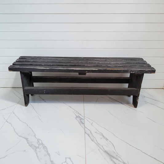 8429 Distressed Black Slatted Wooden Bench Used ~ FURNITURE