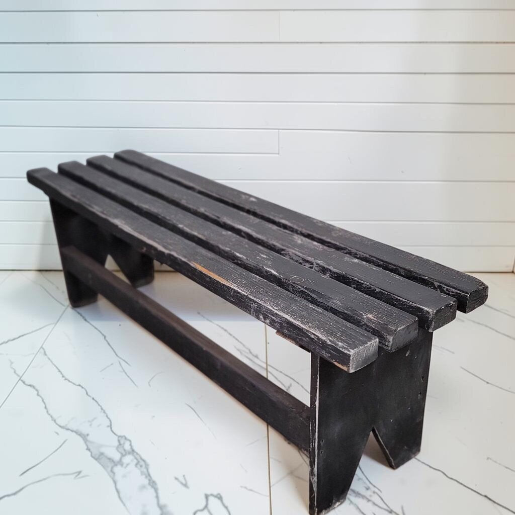 8429 Distressed Black Slatted Wooden Bench