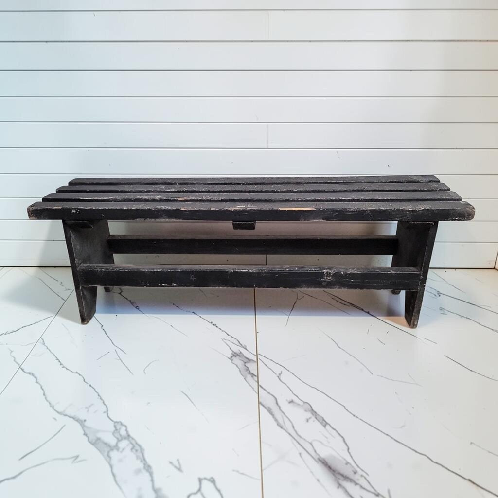 8429 Distressed Black Slatted Wooden Bench ~ FURNITURE