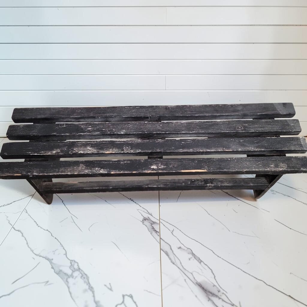 8429 Distressed Black Slatted Wooden Bench ~ FURNITURE