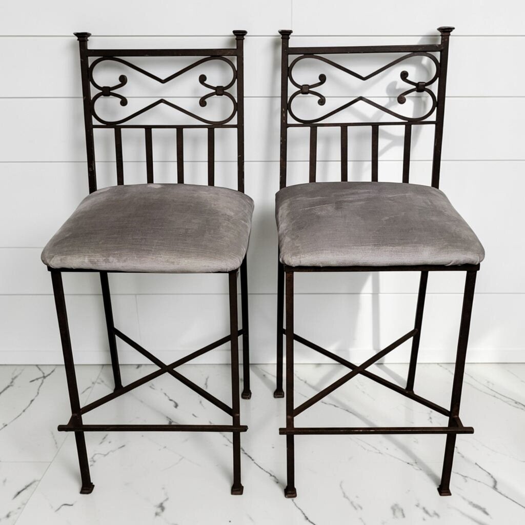 8435-8436 Bronze Metal Scroll-Back Bar Stools Used ~ FURNITURE