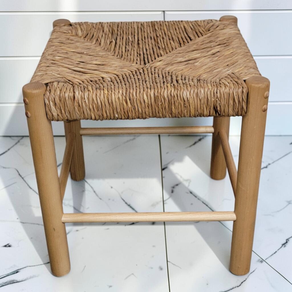 8449 Mid-Century Modern Style Rush and Wood Stool ~ FURNITURE
