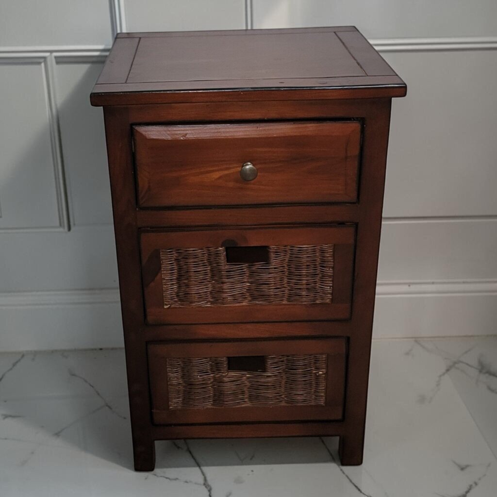 8450 Contemporary Three-Drawer Wood and Wicker Accent Chest Used ~ FURNITURE