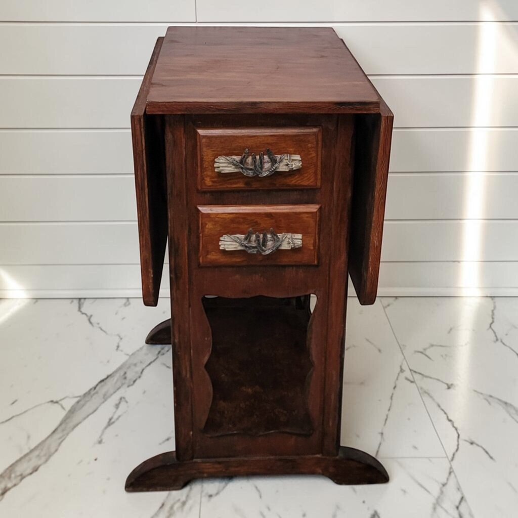 8454 Vintage Western-Style Drop-Leaf Side #Table with Horseshoe Hardware Used ~ FURNITURE