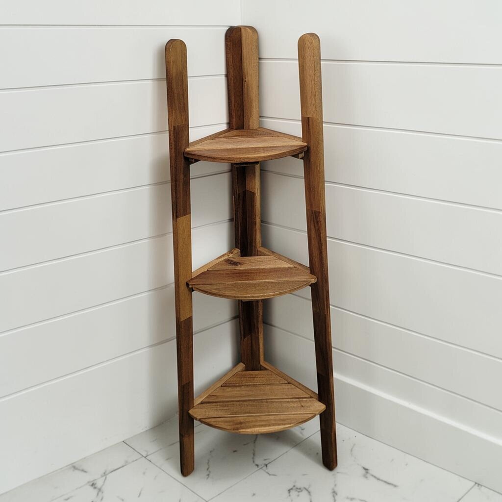 8464 Contemporary 3- Tier Acacia Wood Corner Shelf
