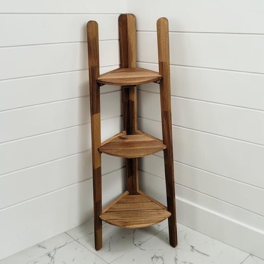 8464 Contemporary 3- Tier Acacia Wood Corner Shelf Used ~ FURNITURE