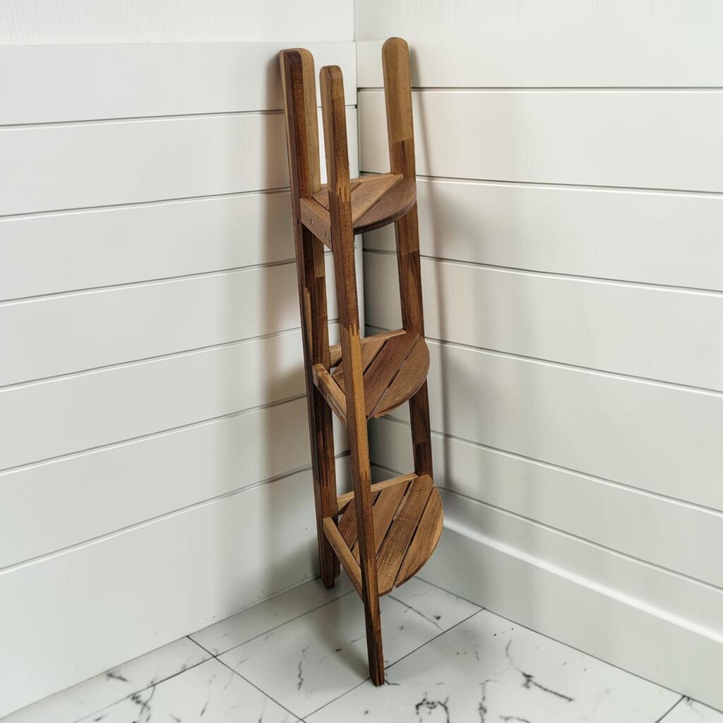8464 Contemporary 3- Tier Acacia Wood Corner Shelf