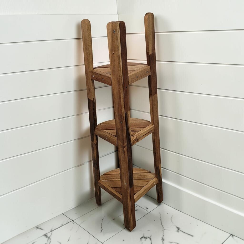 8464 Contemporary 3- Tier Acacia Wood Corner Shelf