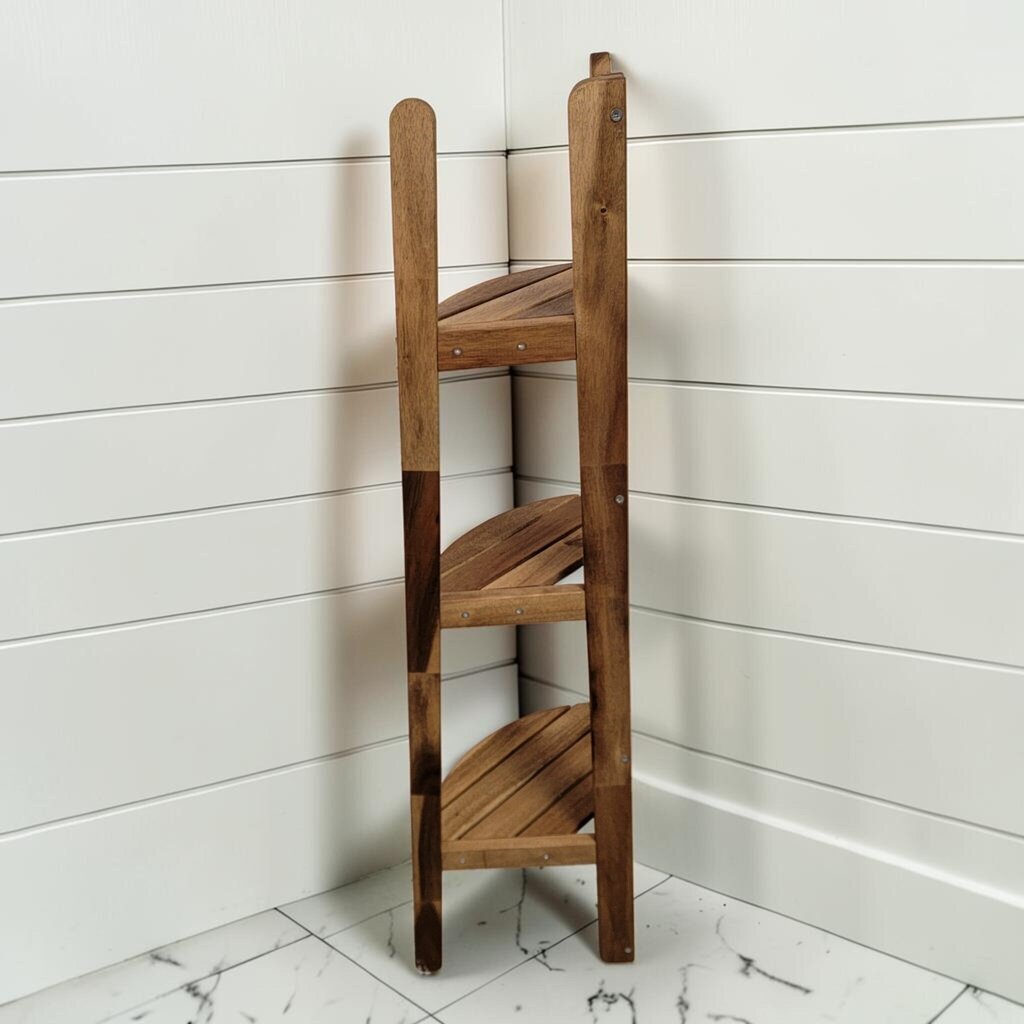 8464 Contemporary 3- Tier Acacia Wood Corner Shelf