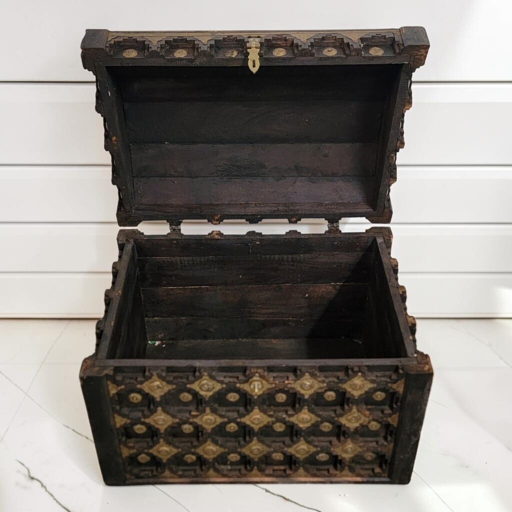 8467 Antique Indian Brass-Mounted Teak Wood Dowry Chest