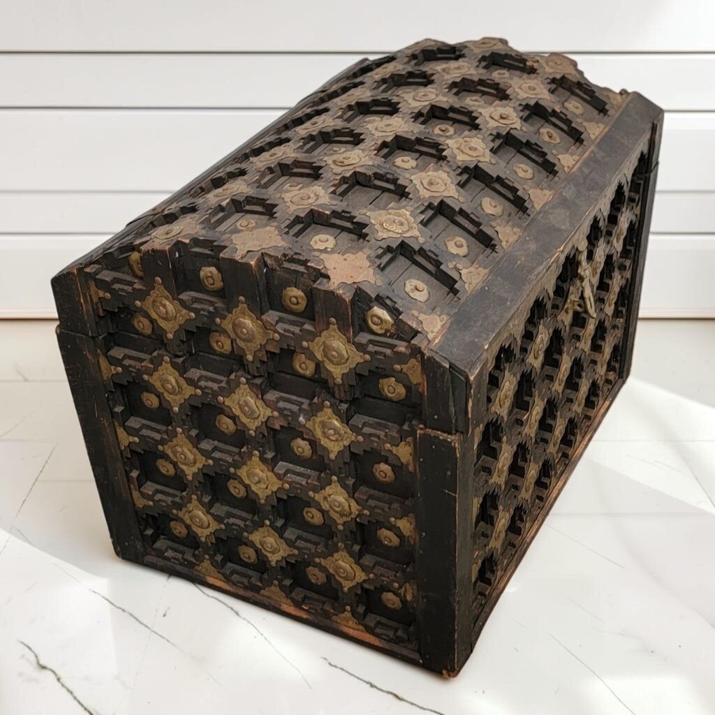8467 Antique Indian Brass-Mounted Teak Wood Dowry Chest