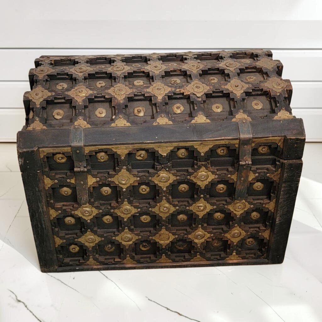 8467 Antique Indian Brass-Mounted Teak Wood Dowry Chest
