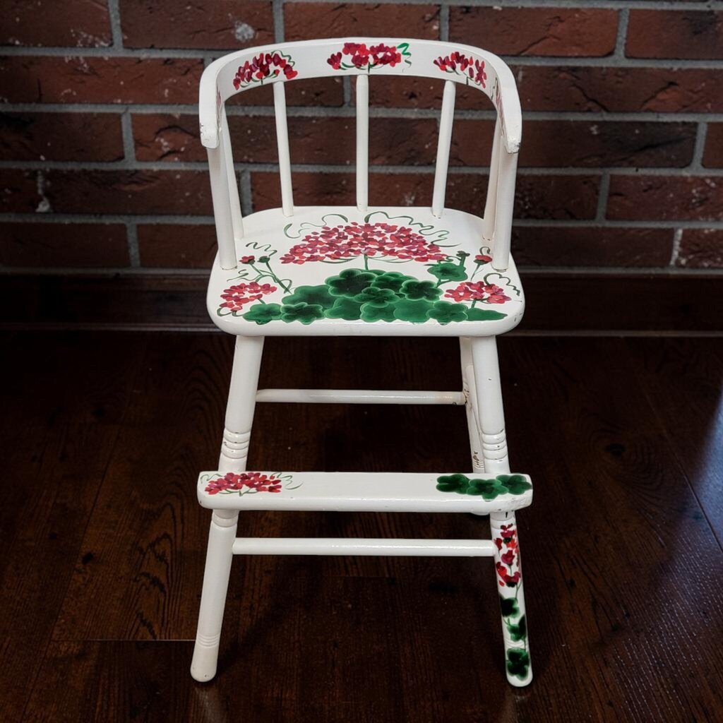 8472 Hand-Painted White High Chair with Red Geranium Motif