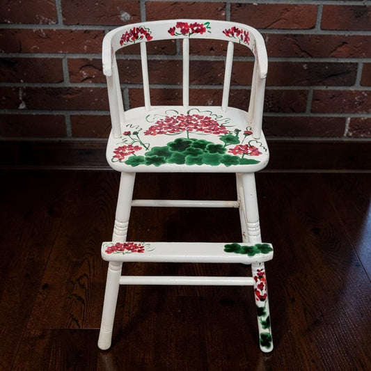 8472 Hand-Painted White High Chair with Red Geranium Motif Used ~ FURNITURE