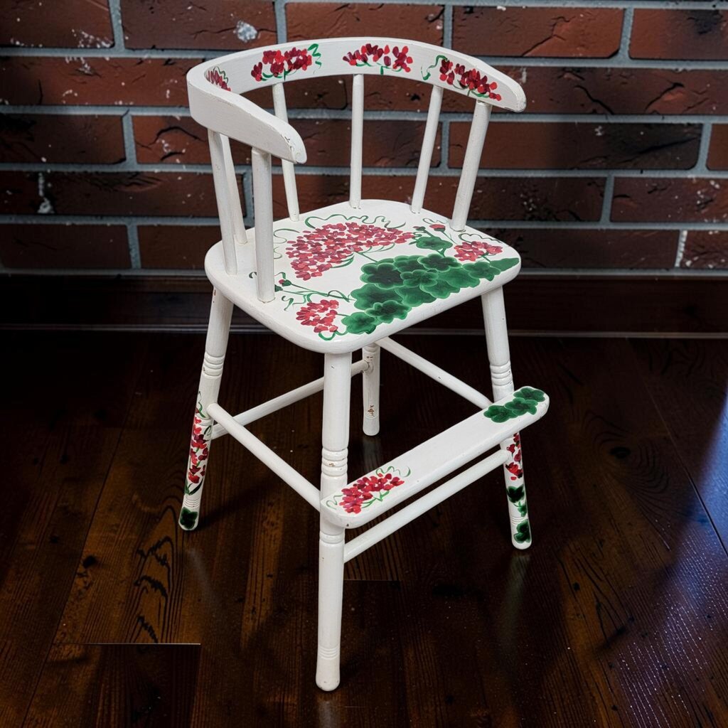 8472 Hand-Painted White High Chair with Red Geranium Motif