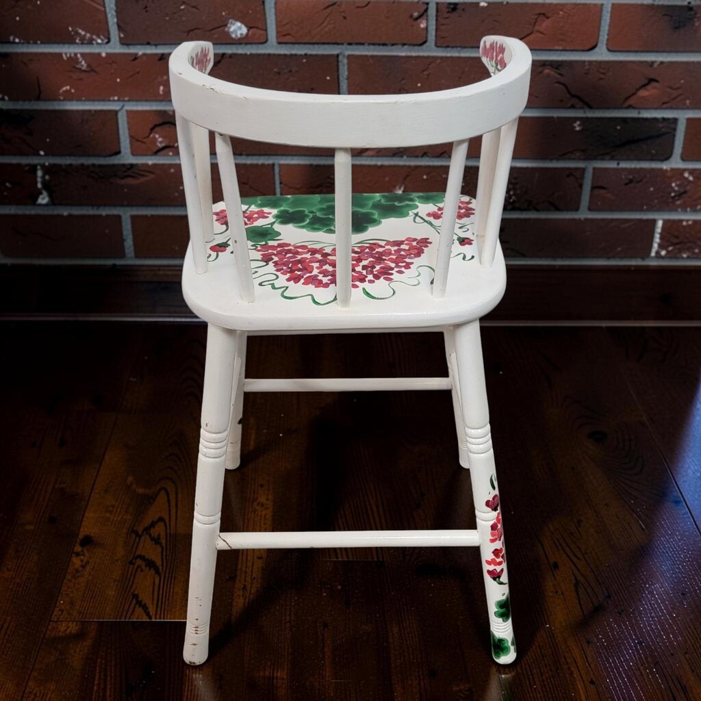 8472 Hand-Painted White High Chair with Red Geranium Motif