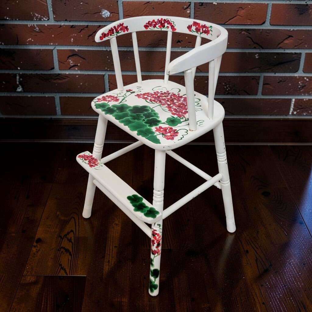 8472 Hand-Painted White High Chair with Red Geranium Motif