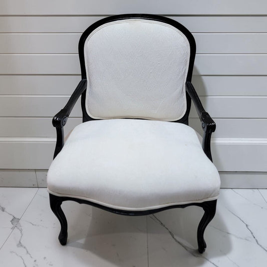8513 Louis XV Style Armchair in Black Lacquer and White Damask