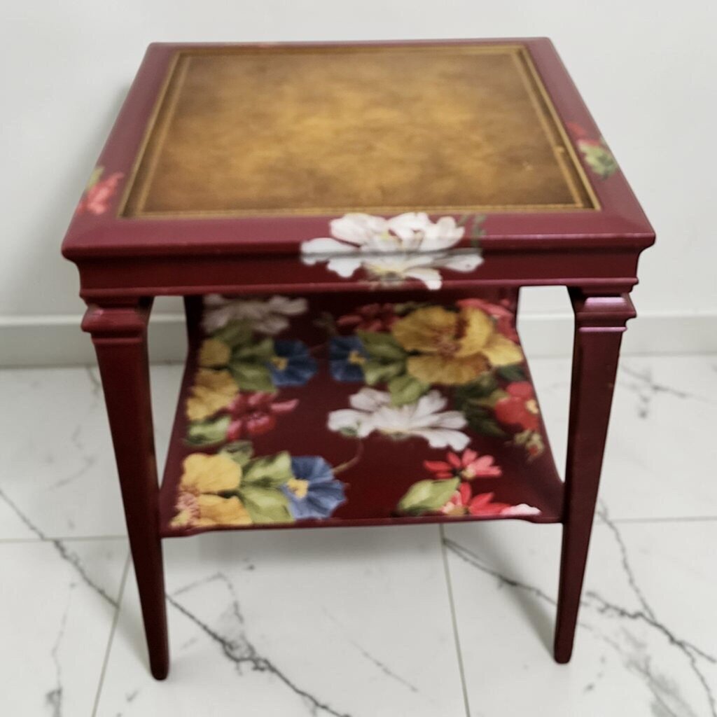 8574 Vintage Hand-Painted Floral Two-Tier Leather Top Side #Table