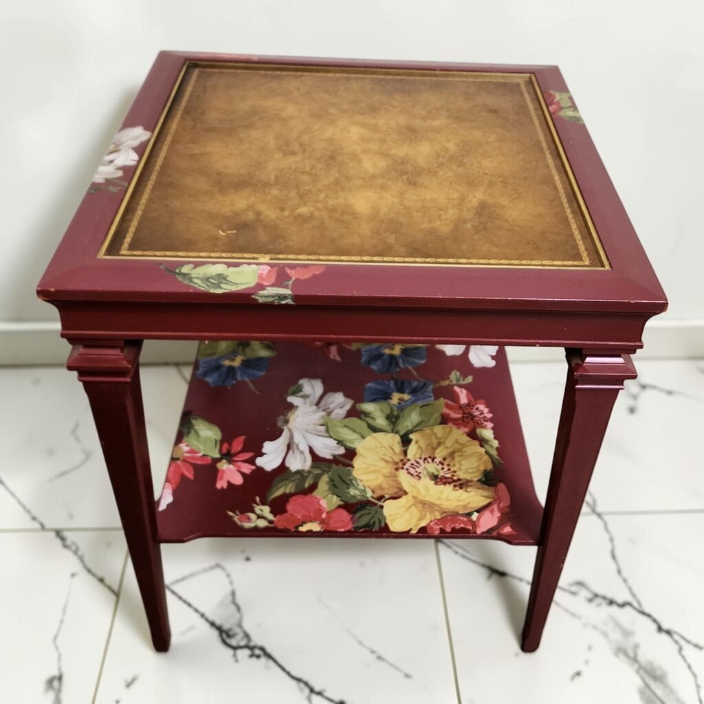8574 Vintage Hand-Painted Floral Two-Tier Leather Top Side #Table