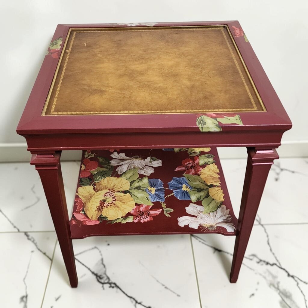 8574 Vintage Hand-Painted Floral Two-Tier Leather Top Side #Table