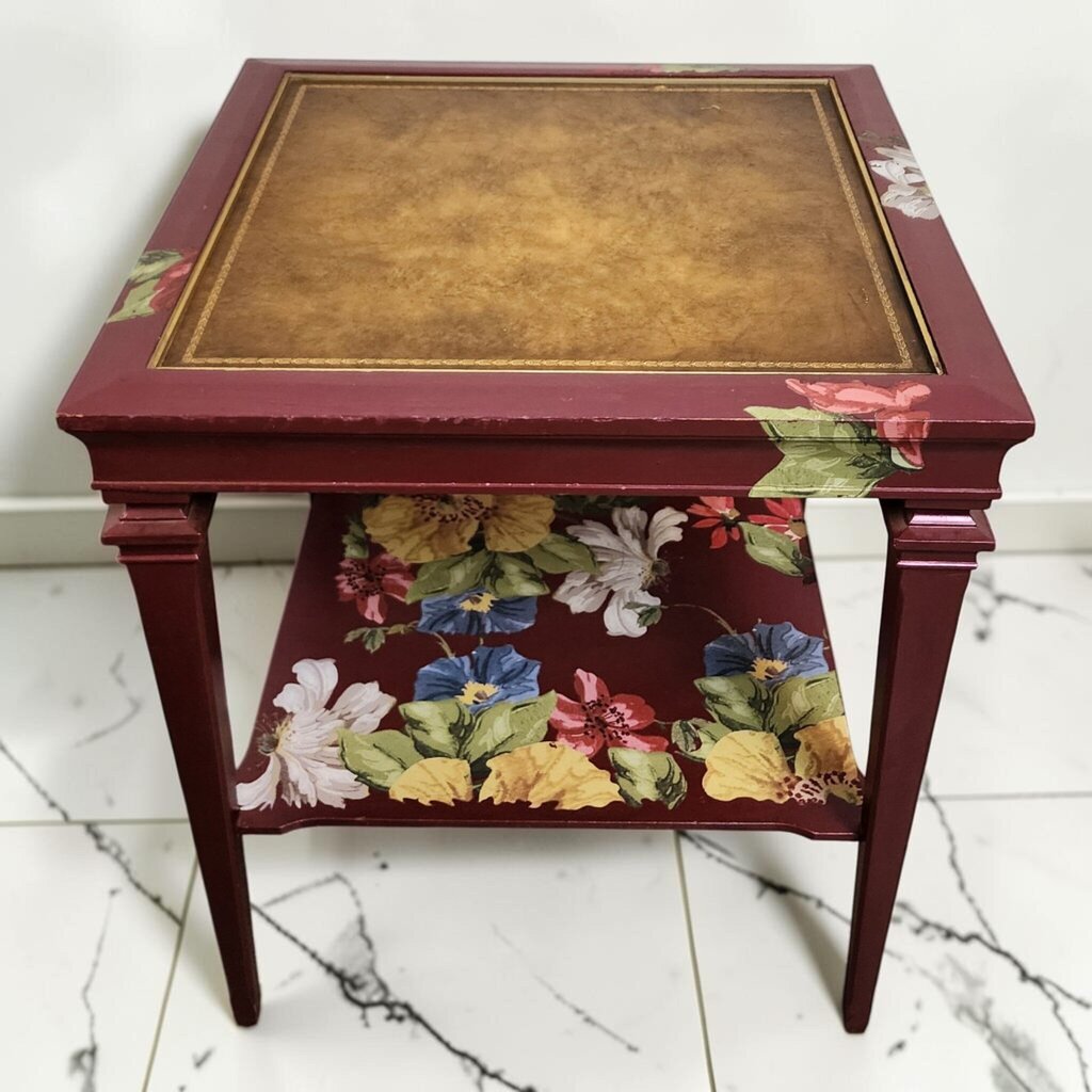 8574 Vintage Hand-Painted Floral Two-Tier Leather Top Side #Table