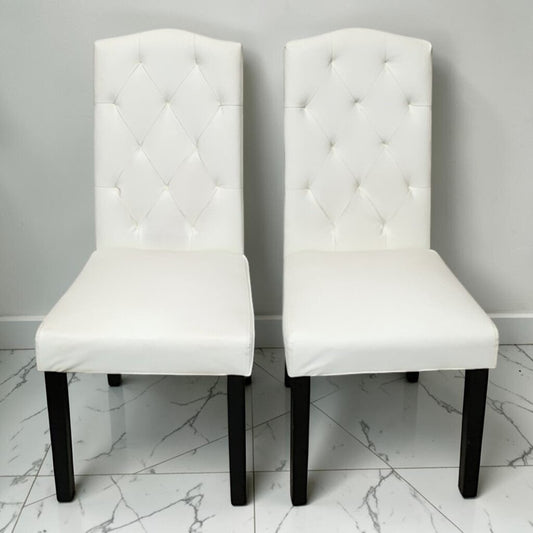 8590-8591 White Tufted Faux Leather Parson Chairs with Nailhead Trim Used ~ FURNITURE